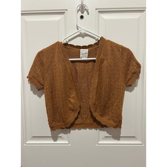 Juniors Brown Eyelet Short Sleeve Shrug w/ Scalloped Edge Detail- size Medium - Picture 1 of 9